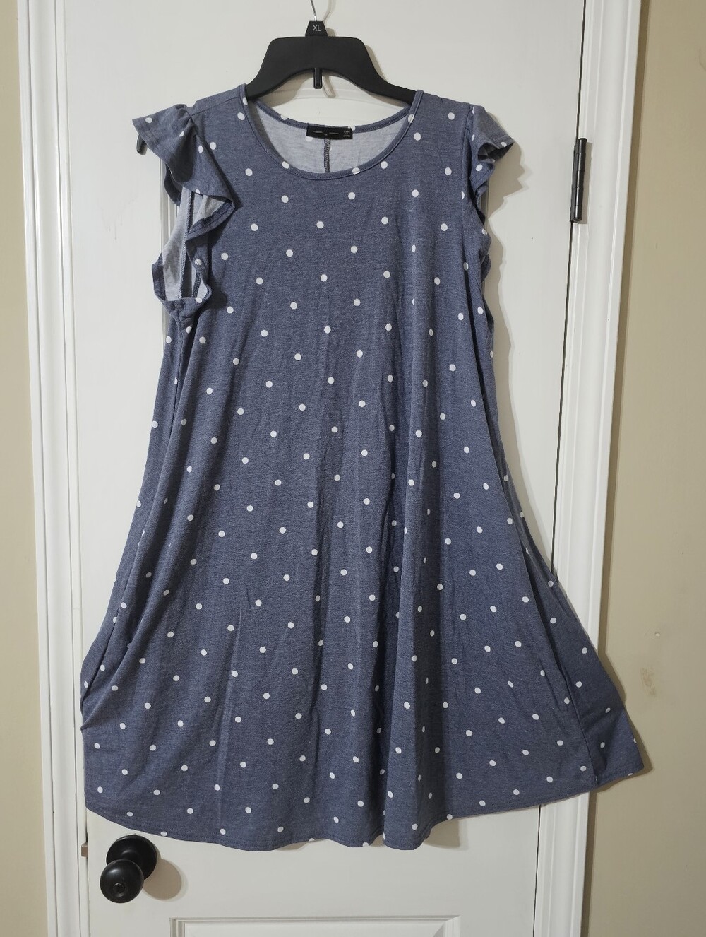 Cato Blue Polka Dot Ruffle Sleeve Swing Dress